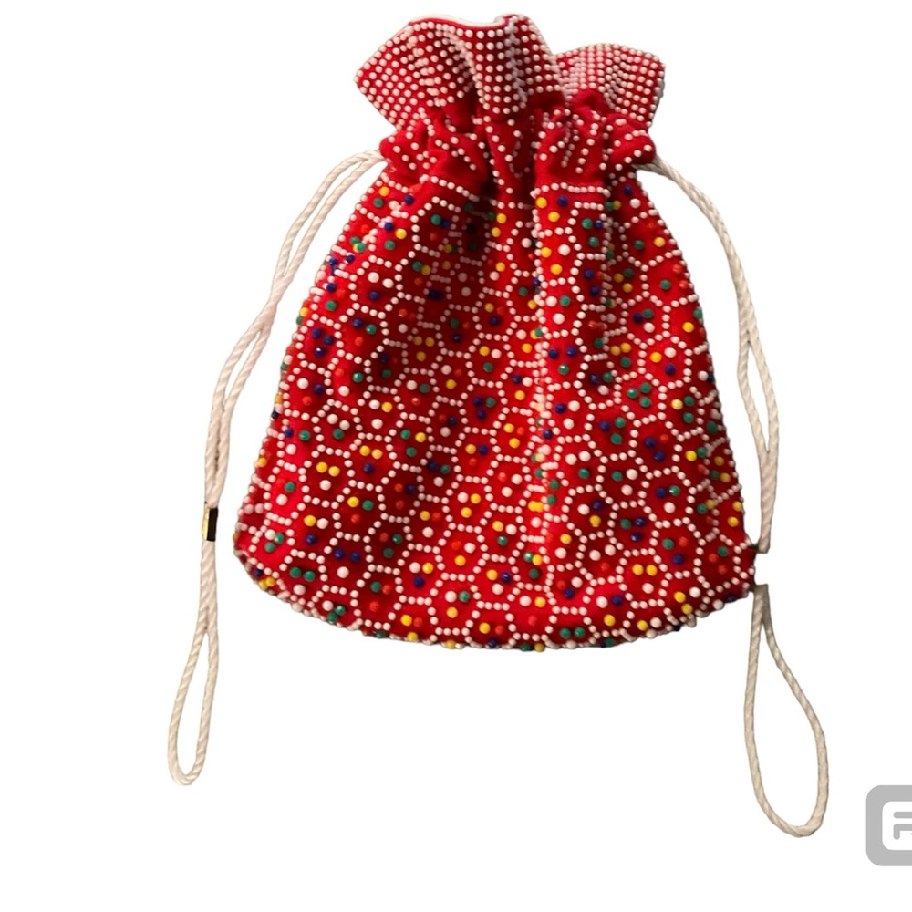 Vintage Multicolored Reversible Beaded Drawstring Purse. 10 X 8 1/2”.